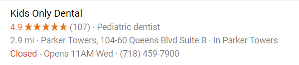 Kids Only Dental Pediatric Dentistry of Flushing Google Reviews Screenshot