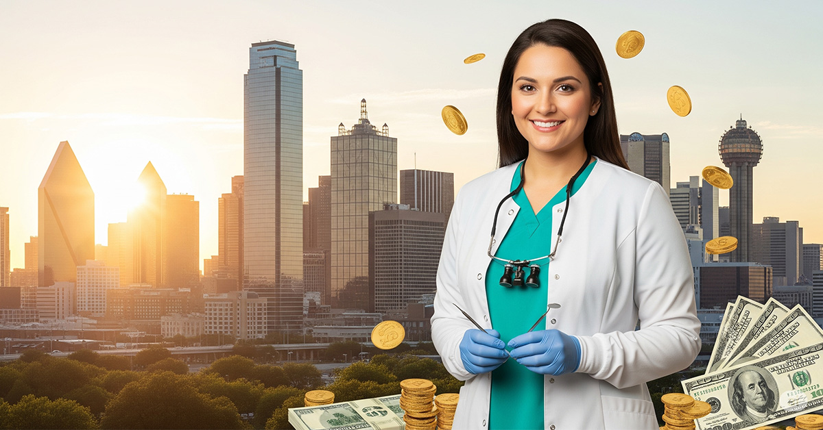 A smiling dental hygienist with the Dallas skyline and symbols of a high salary.