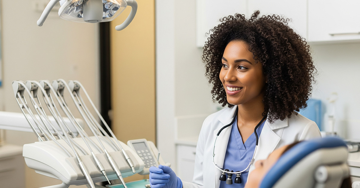 A professional female dental hygienist with curly hair smiles while consulting with a patient in her modern Houston, TX dental office.