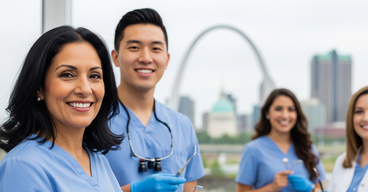 A diverse team of professional dental hygienists smiling in St. Louis, with the Gateway Arch in the background.