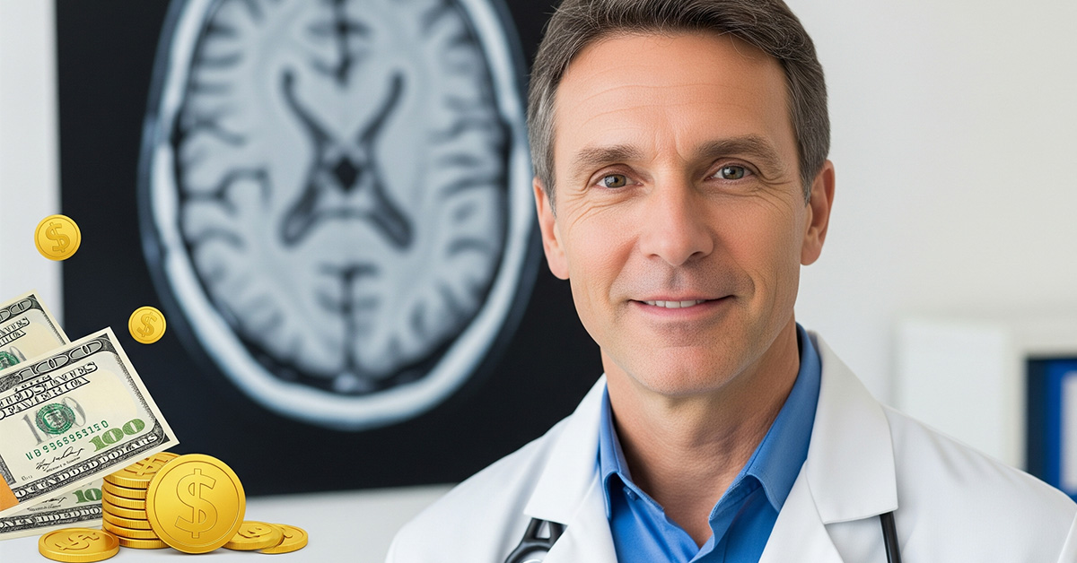 A pediatric neurologist in front of a brain scan with symbols of a high salary.