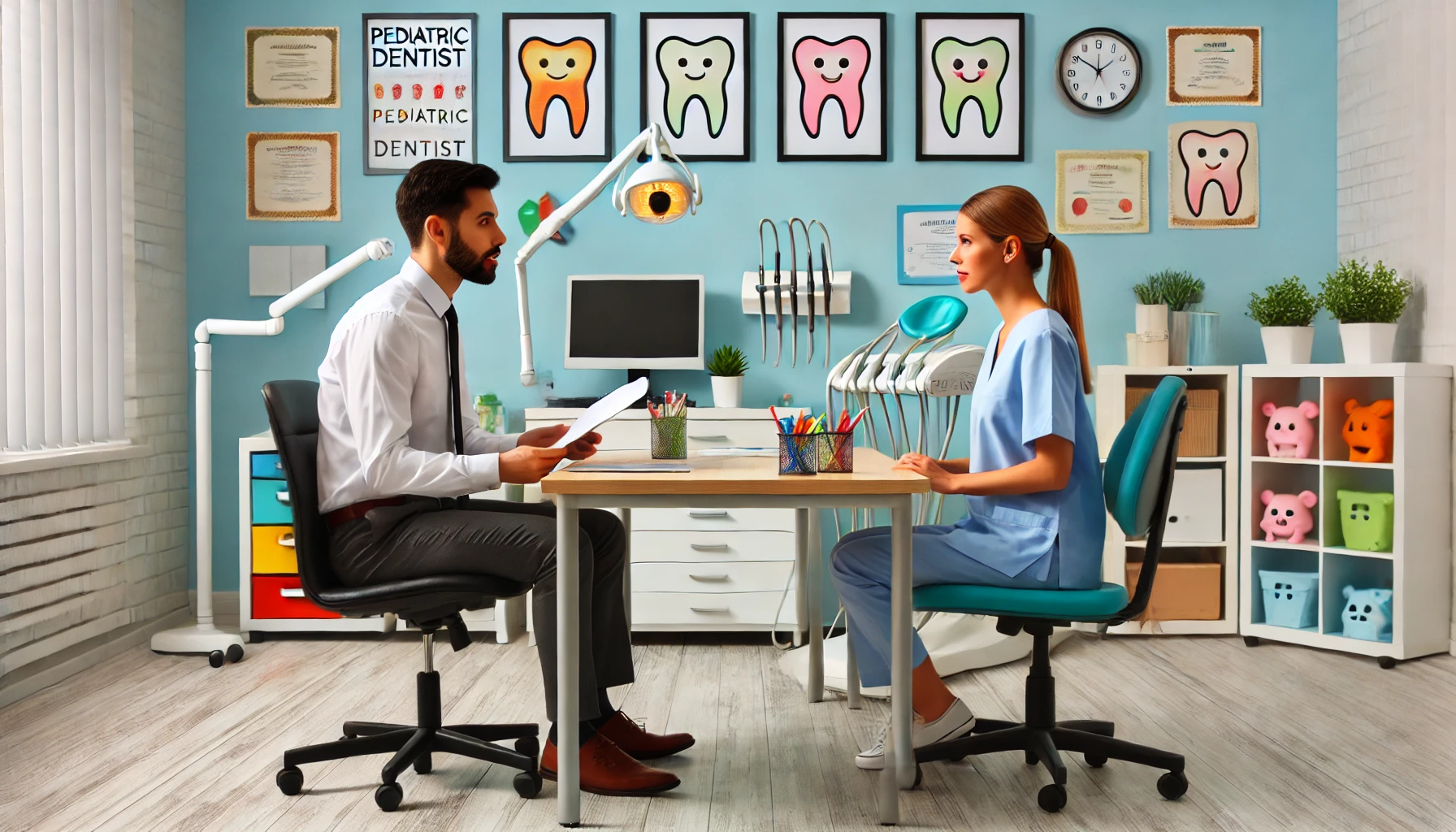 A Pediatric Dentist Interviewing a Dental Assistant in a Brightly Decorated Dental Clinic