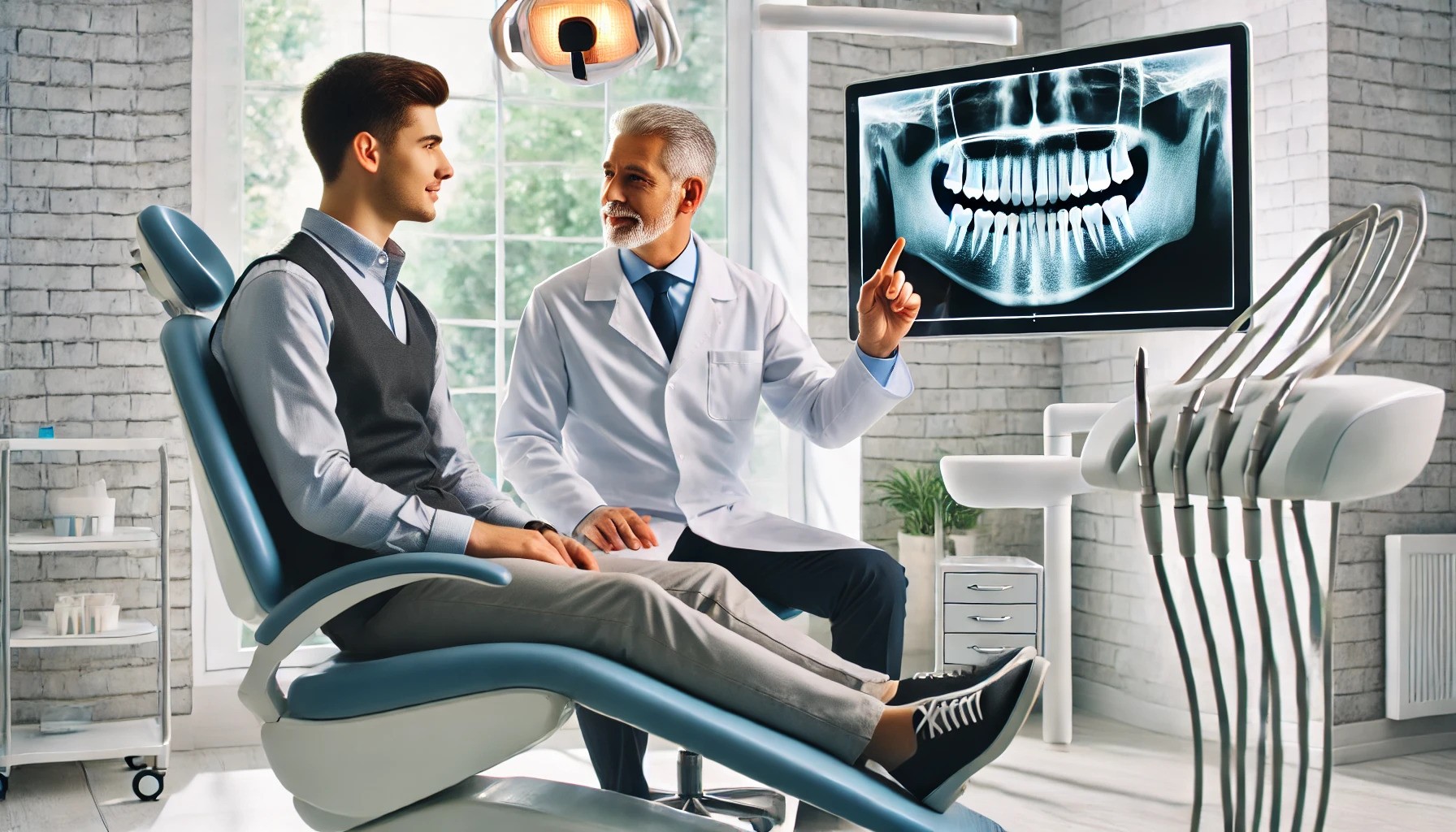 Dentist explaining full mouth dental implants to a patient with X-ray display in a modern dental clinic