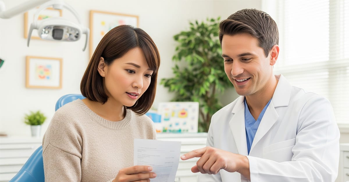 A mother discussing the cost of a pediatric dentist visit without insurance with a friendly dentist in a clean office.