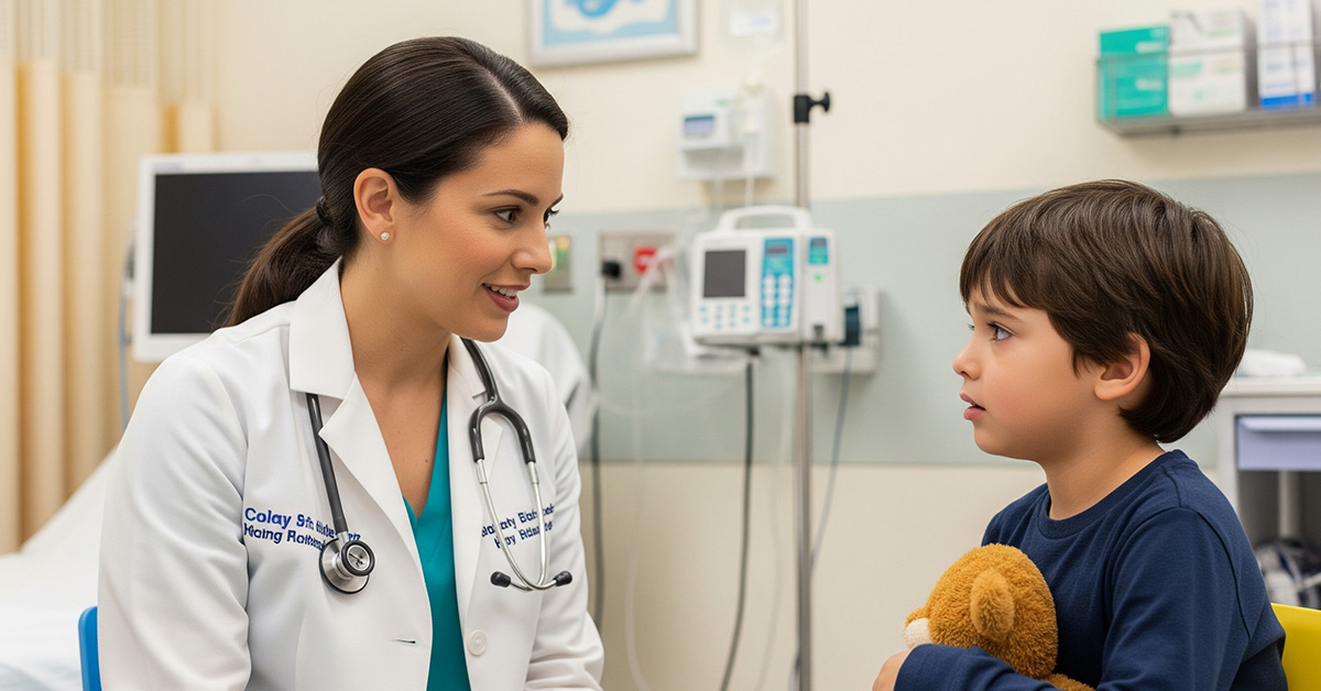 A compassionate pediatric dentist calmly speaks with an anxious young boy holding a teddy bear in a pediatric emergency room.