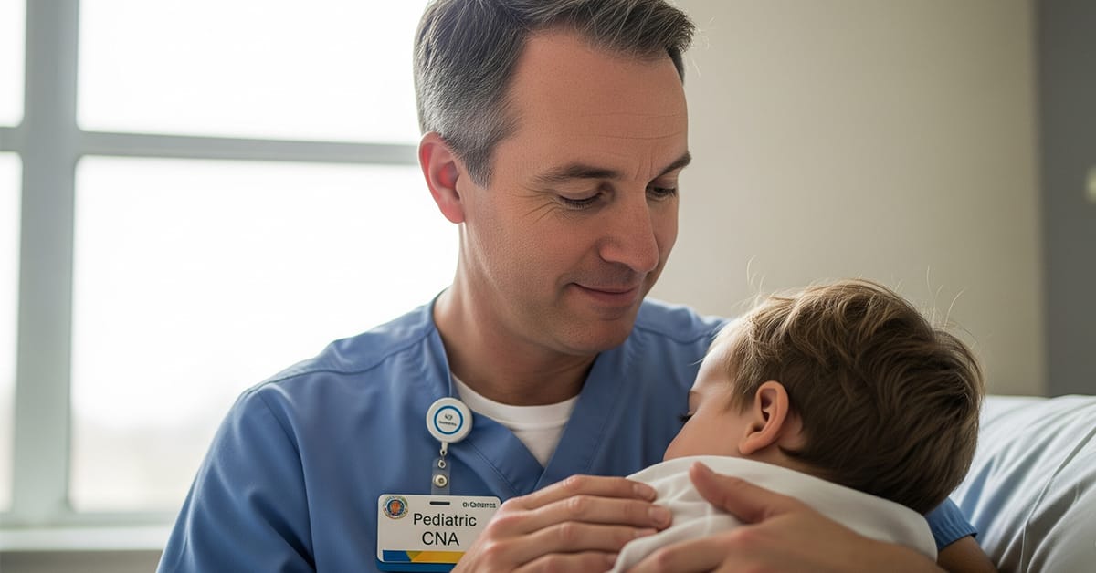 A male pediatric CNA with a kind expression gently holds and comforts a young child who is resting on his shoulder in a brightly lit room.