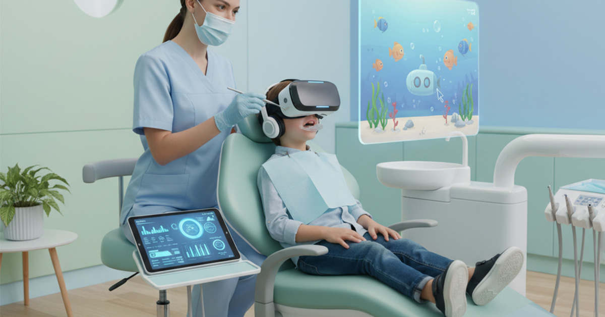 A child wears a VR headset in a dentist's chair, with a dentist attending. A screen shows an underwater scene.