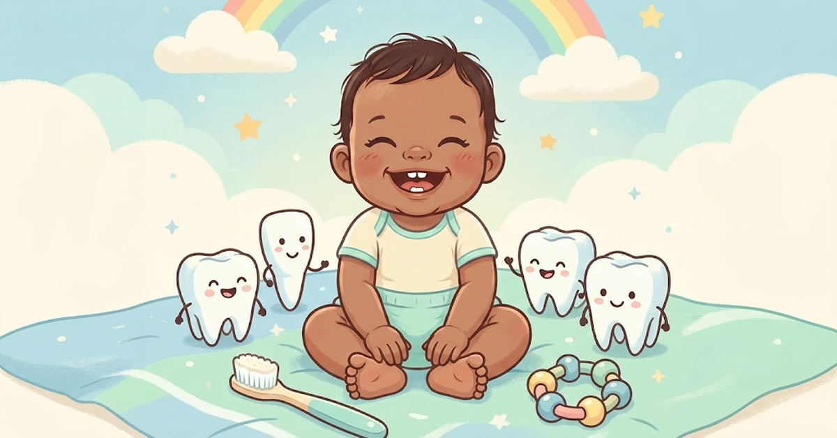 Smiling baby and cartoon teeth illustration focused on baby teeth development.