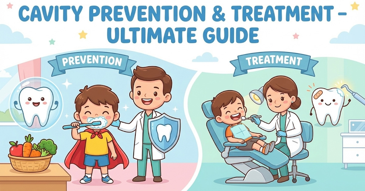 Illustration showing cavity prevention and dental treatment for children, with a dentist, tooth decay example, toothbrush, toothpaste, and baby dental care items