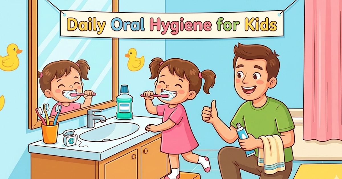 Father encouraging his daughter to brush her teeth in a bathroom, illustrating a daily oral hygiene routine for kids.