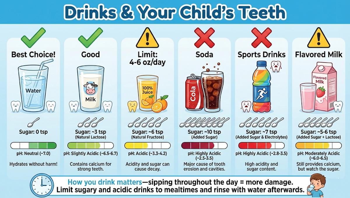 Drinks & Your Child's Teeth: A Comparison Chart Chart comparing children's drinks, showing water and milk as best, and highlighting the high sugar and acidity of soda, sports drinks, and juice.