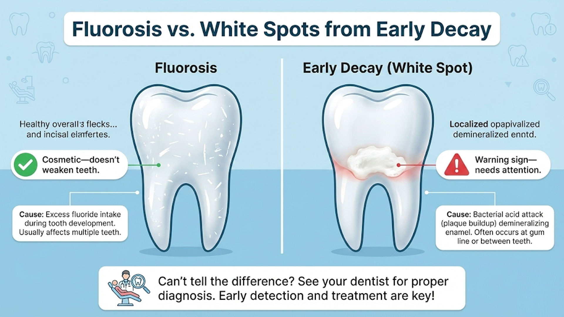 Fluorosis vs White Spots on Teeth – Difference Between Dental Fluorosis and Early Tooth Decay Explained Comparison image showing dental fluorosis vs white spot lesions from early tooth decay, highlighting causes, appearance, and warning signs.