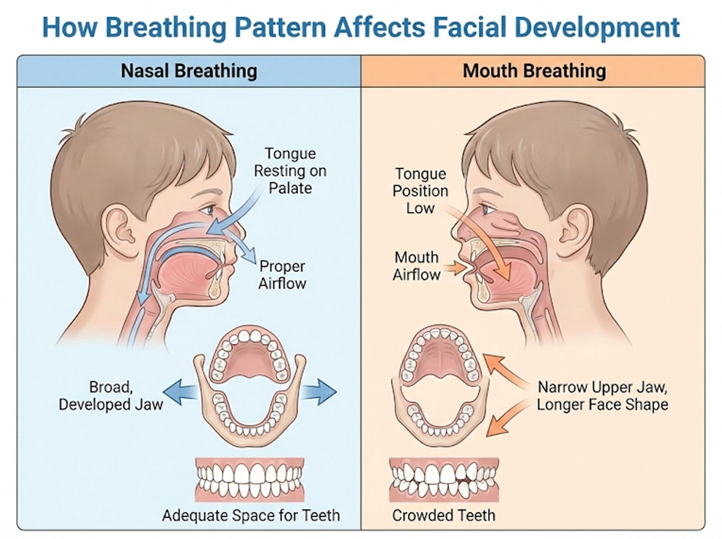 Nasal vs Mouth Breathing Effects on Facial Development, Jaw Growth, and Teeth Alignment in Children Illustration comparing nasal and mouth breathing showing effects on tongue position, airflow, jaw width, facial growth, and dental crowding