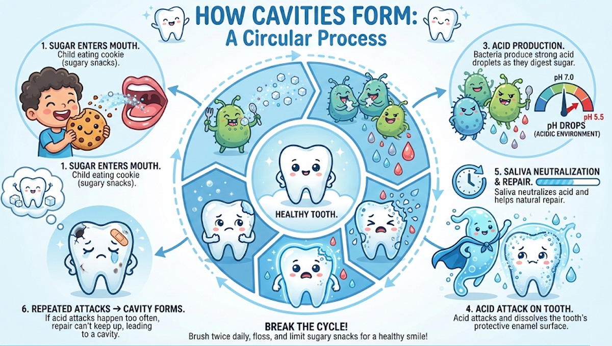 How Cavities Form: A Circular Process Infographic A 6-step circular infographic illustrating the process of cavity formation, from sugar intake to acid attack by bacteria and the development of a cavity.