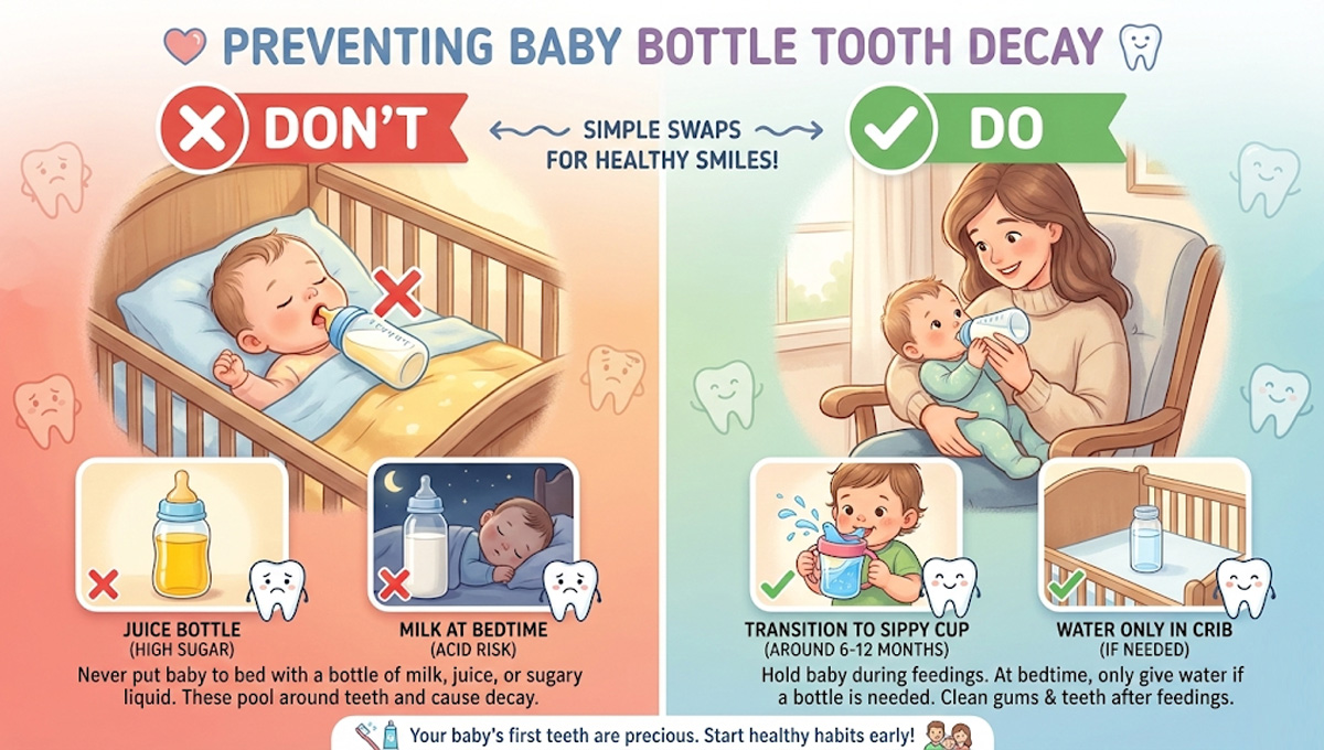 Preventing Baby Bottle Tooth Decay: Don't vs. Do Split-screen infographic with