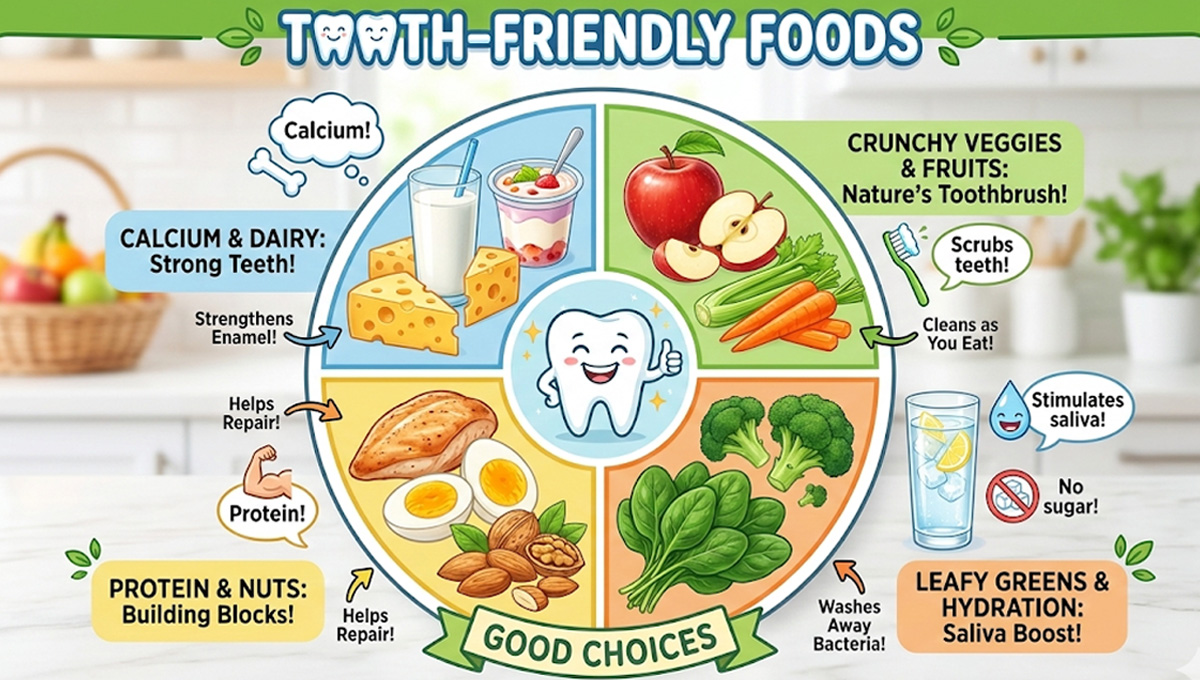 Tooth-Friendly Foods: A Healthy Plate Guide Infographic plate showing tooth-friendly food categories like dairy, crunchy fruits & veggies, proteins, and water, with benefits for dental health.