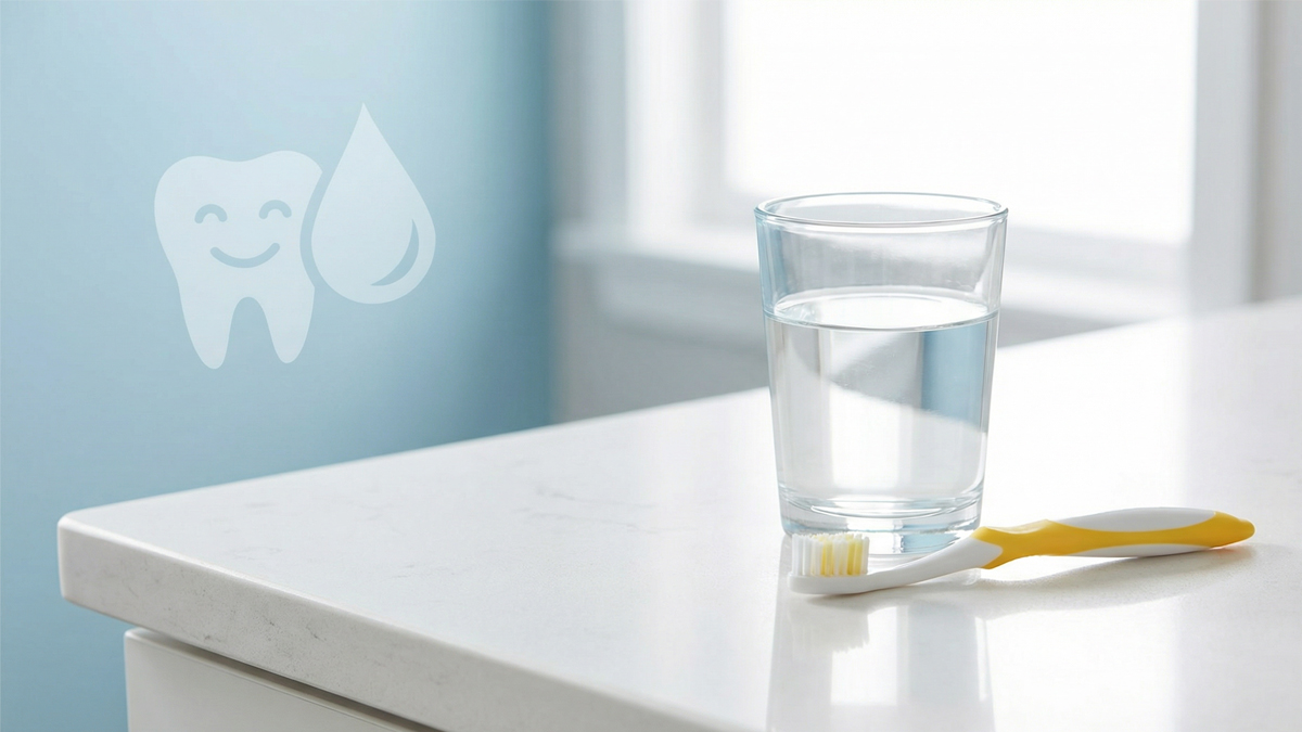 Glass of tap water beside a children's toothbrush representing fluoride in drinking water and kids dental health