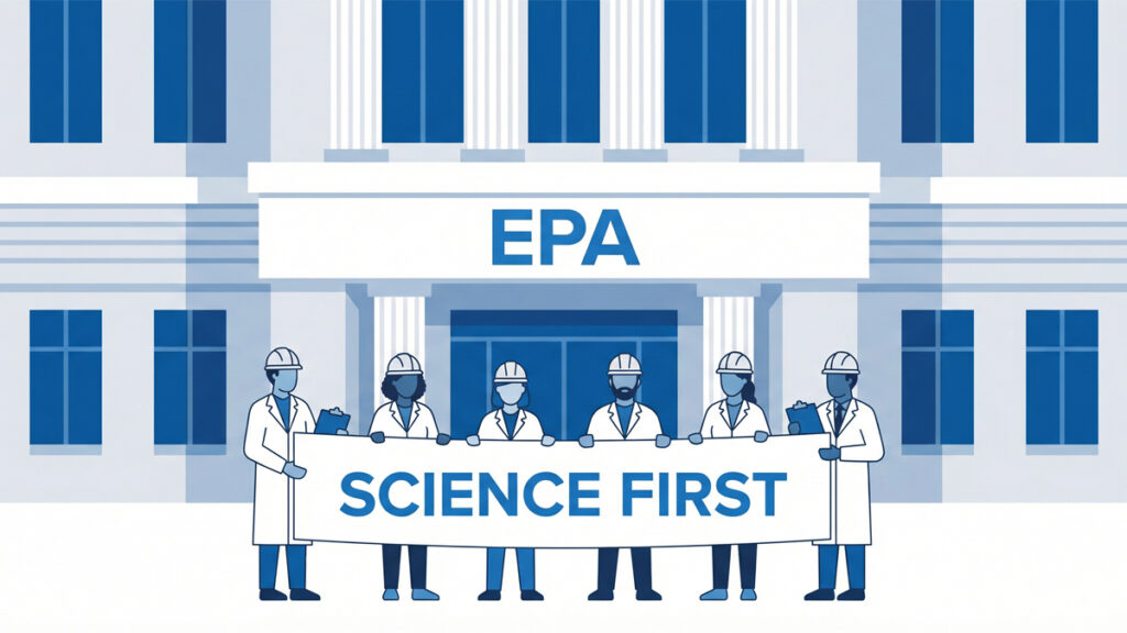 Illustration of scientists and dental health advocates presenting evidence-based fluoride research to a government agency