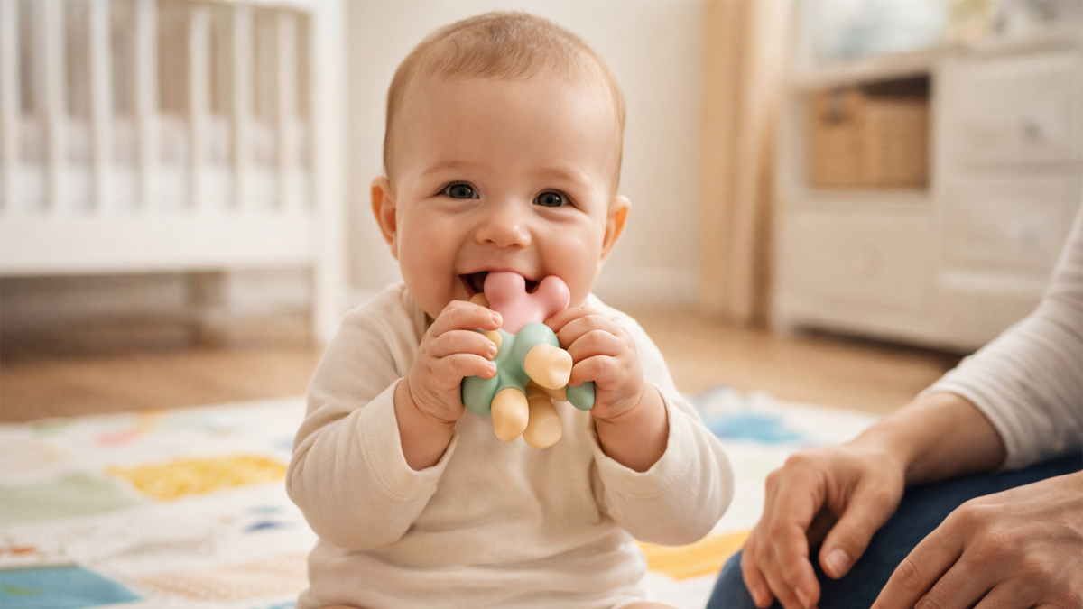 Happy baby chewing on a safe BPA-free silicone teether showing the best teething toy for 6-month-old infant