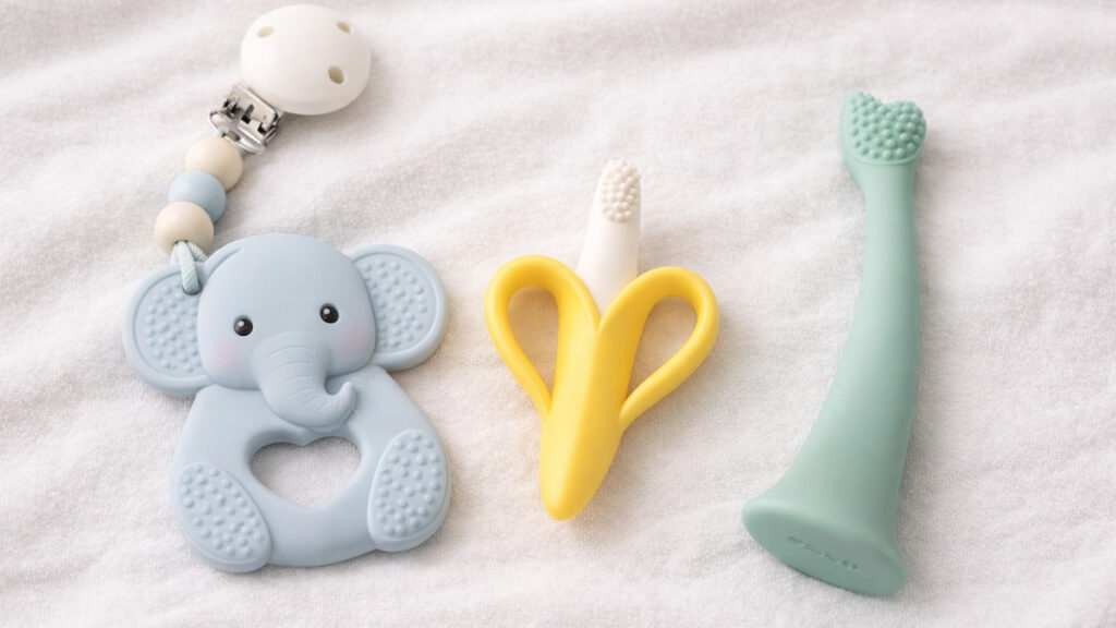 Three best-rated baby teething toys including silicone multi-prong, banana toothbrush-teether, and chillable gum massager
