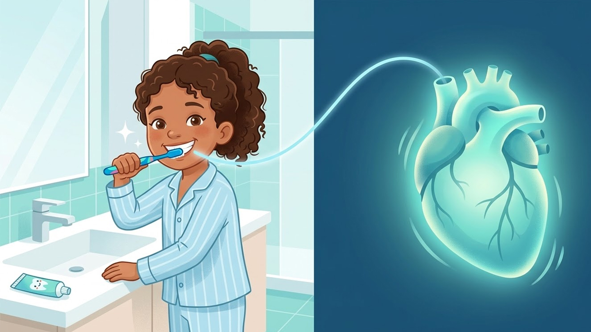 Illustration showing the connection between a child's dental health and long-term heart health, representing the University of Copenhagen oral-cardiovascular study findings.