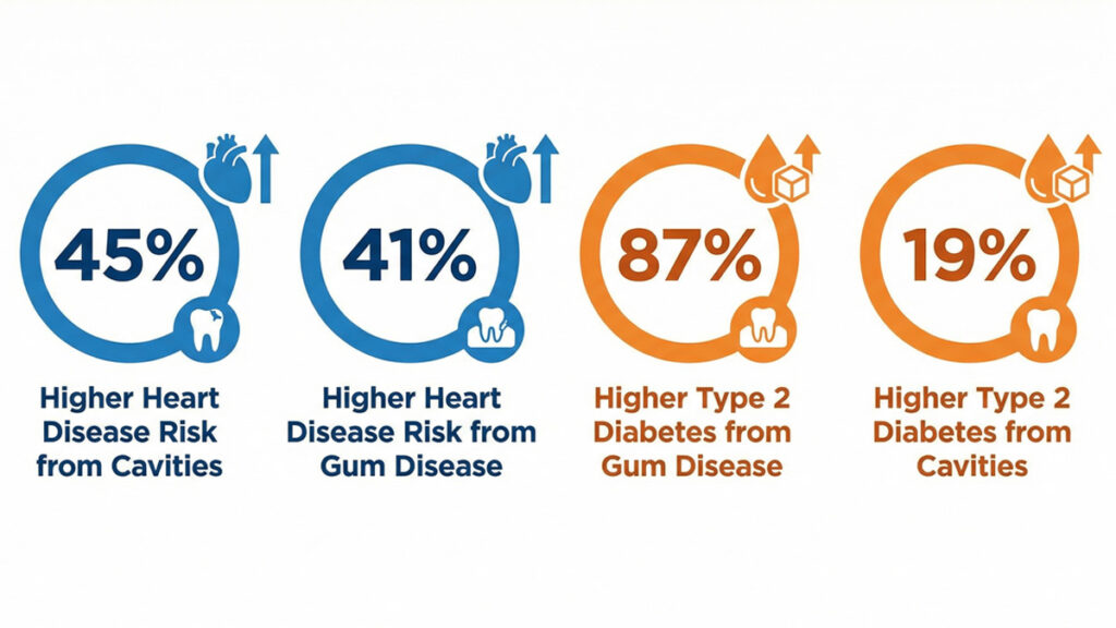 Infographic showing University of Copenhagen study statistics linking childhood cavities to adult cardiovascular and diabetes risk