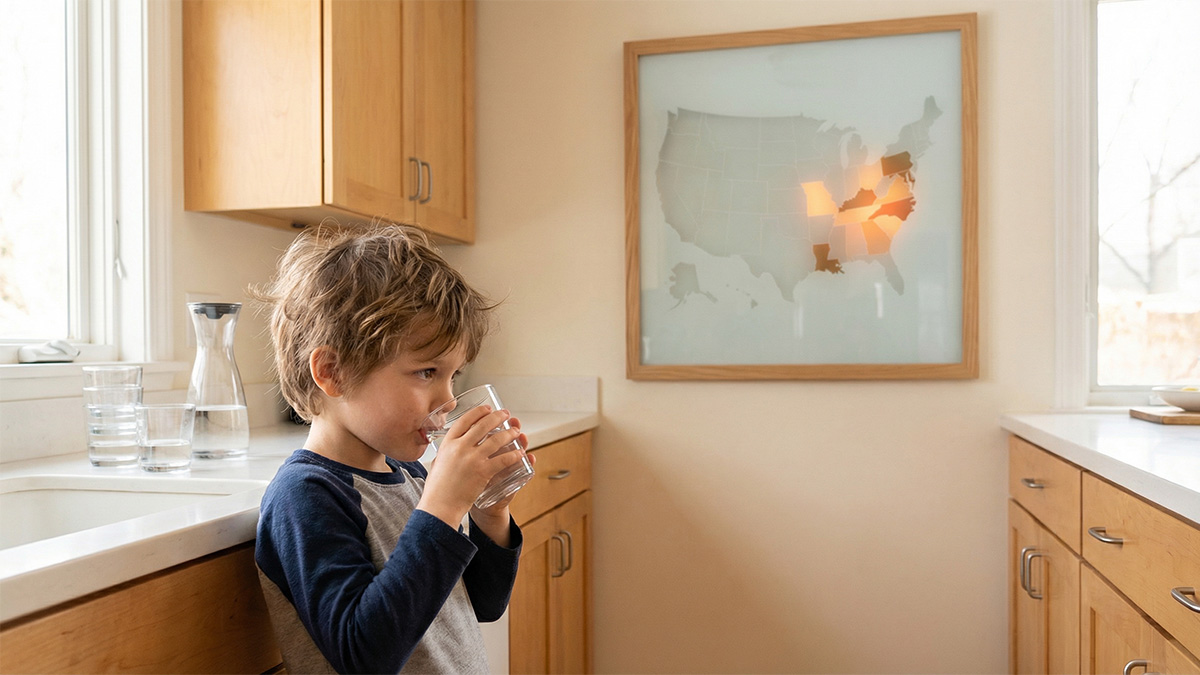 Young child drinking tap water at home, representing the debate over fluoride in public water systems and its impact on children's dental health