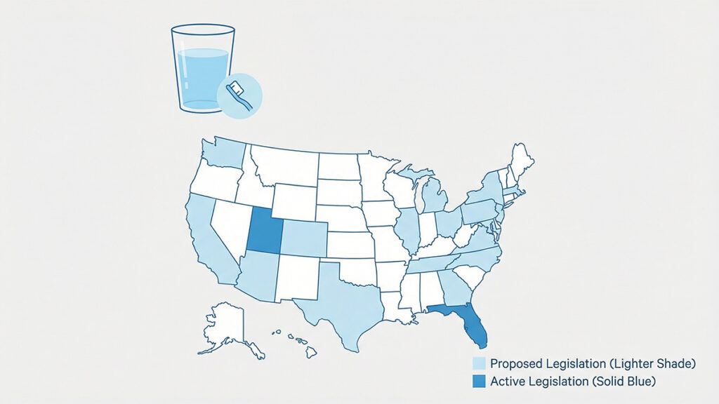 US map illustration showing states that have enacted or proposed water fluoridation bans as of 2026