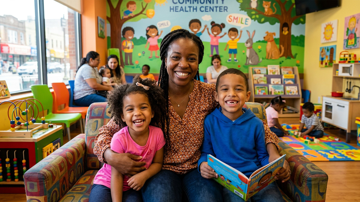 Children smiling in a Queens community health center pediatric dental waiting room representing free dental care access