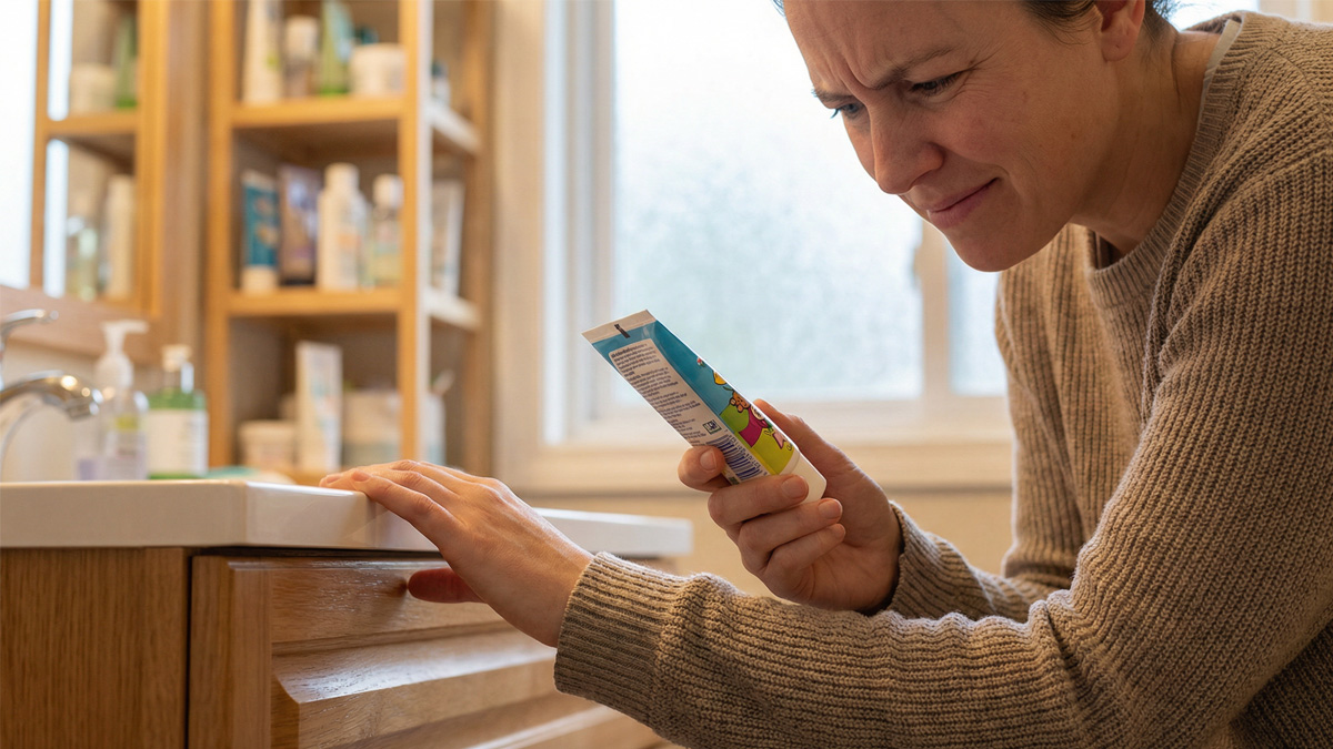 Parent reading children's toothpaste label carefully — Hello Kids toothpaste lawsuit safety concerns 2026
