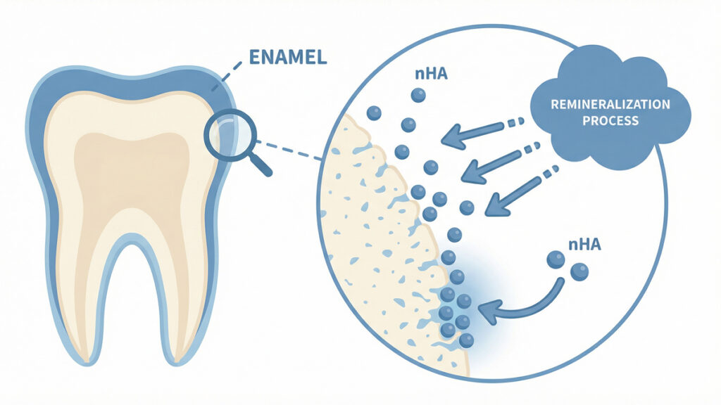 Illustration showing how nano-hydroxyapatite particles remineralize tooth enamel microscopically