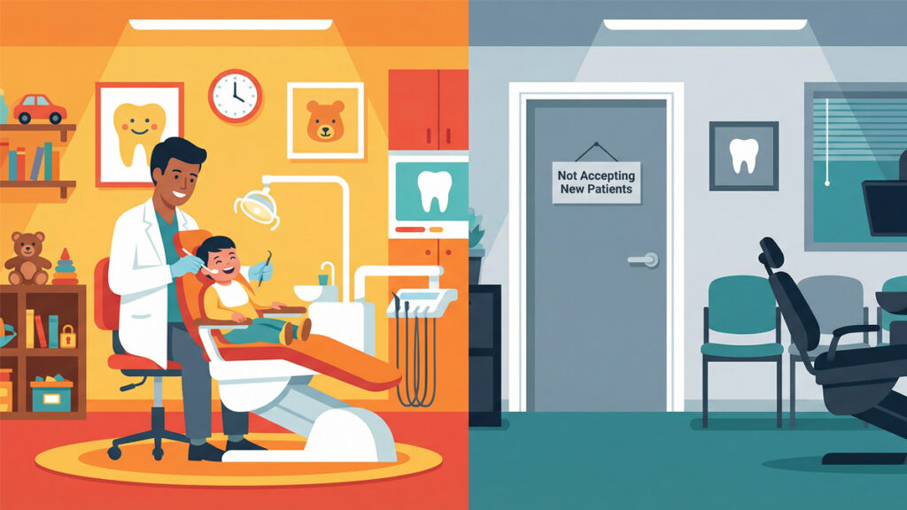 Illustration comparing a child receiving dental care versus a closed dental office not accepting new Medicaid patients
