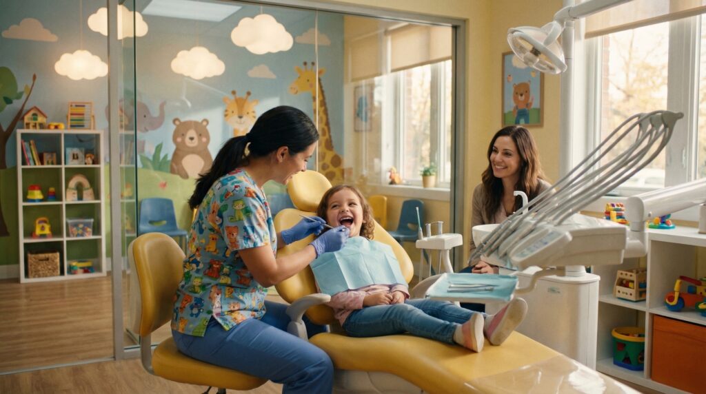 Pediatric dentist performing a routine checkup on a young child covered by New York Medicaid dental benefits