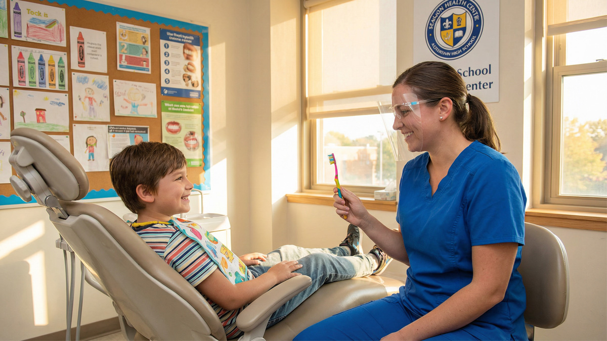 School-aged child receiving a dental checkup at a school-based health center dental clinic in New York