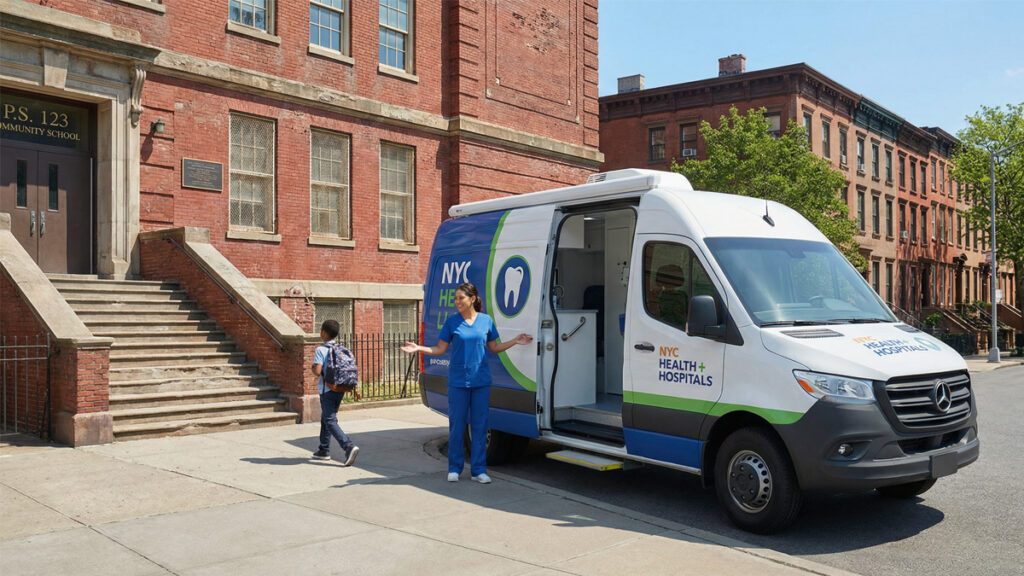 Mobile dental clinic van parked outside a New York City public school providing free dental care to students