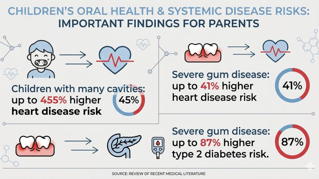 Infographic showing key statistics from the 2026 University of Copenhagen childhood oral health and cardiovascular disease study