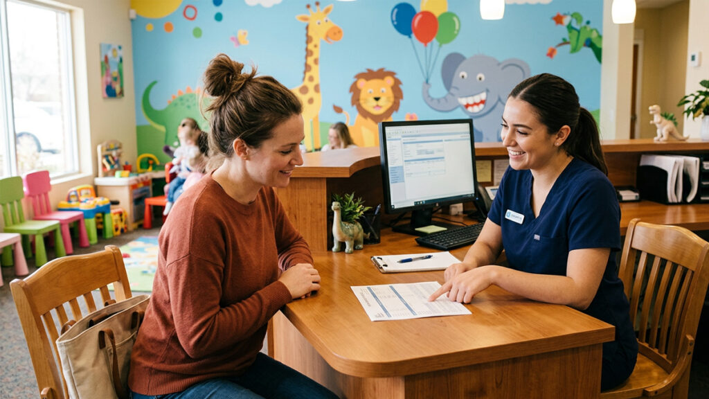 Parent reviewing pediatric dental cost estimate with receptionist at a Queens pediatric dental office