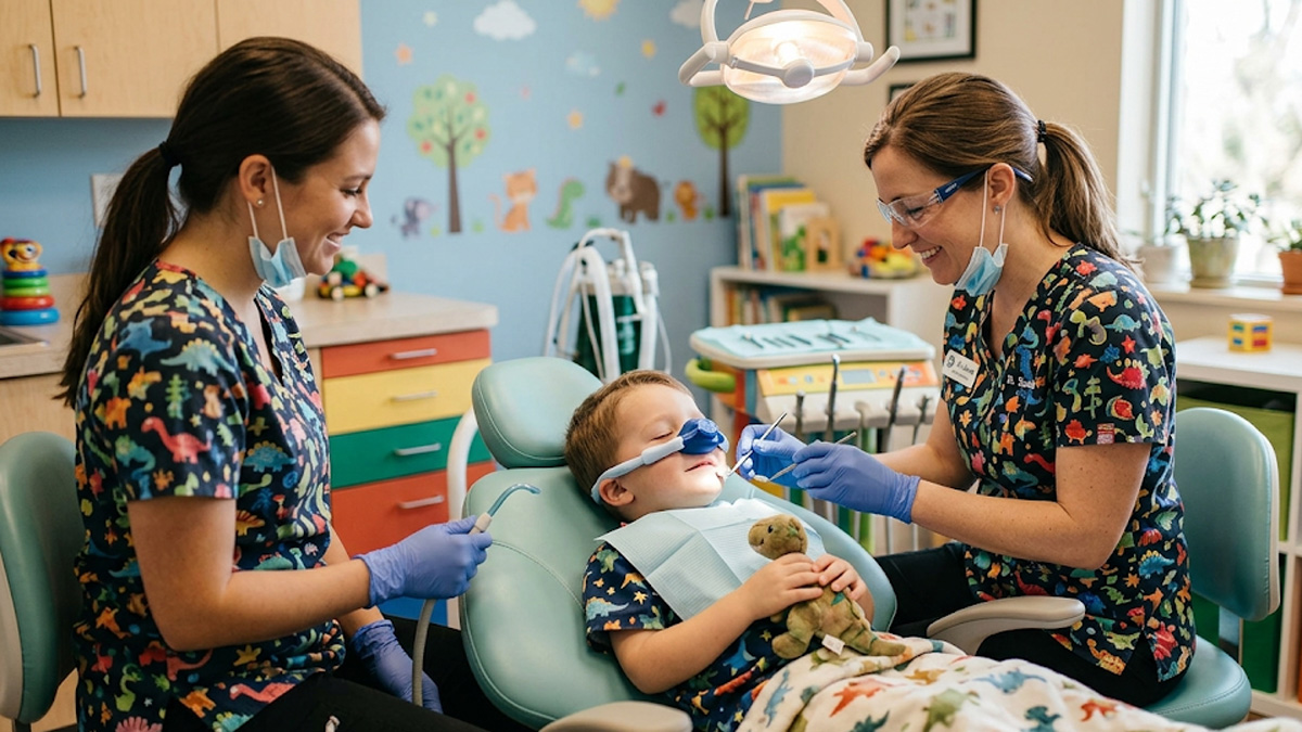 Young child receiving minimal sedation at a pediatric dental office with a dentist and assistant present