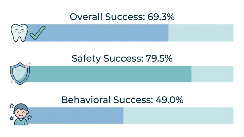 Infographic showing pediatric dental sedation success rates from 2026 Anesthesia Progress study: 69.3% overall, 79.5% safety, 49.0% behavioral