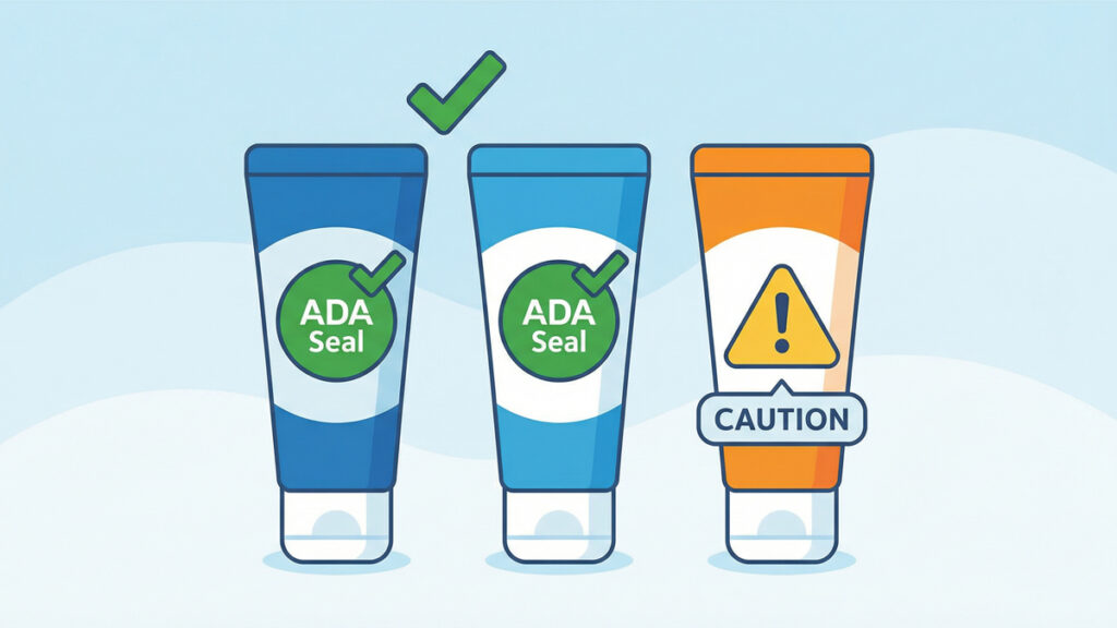 ADA-accepted toothpastes shown with checkmarks versus toothpaste with active safety allegations