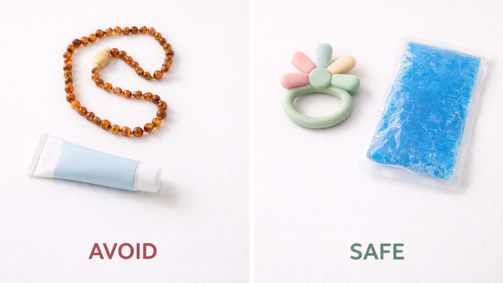 Safe versus unsafe teething products showing amber necklaces and numbing gels to avoid compared to silicone teethers