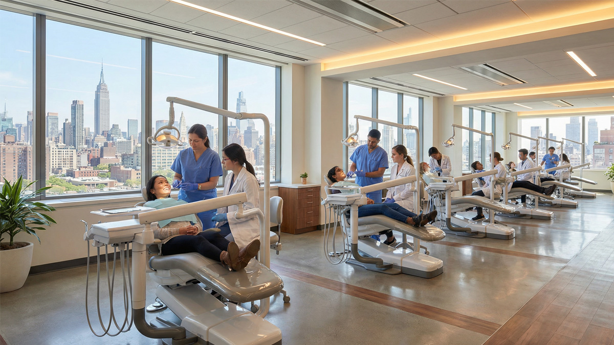 Interior of a modern dental school teaching clinic in New York City with rows of dental chairs and dental students in training