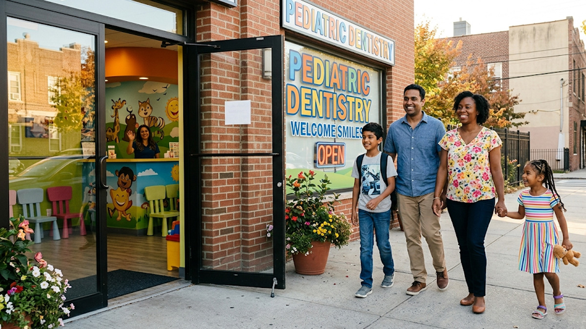 Queens family with children entering a pediatric dental office using Child Health Plus coverage for no-cost dental care
